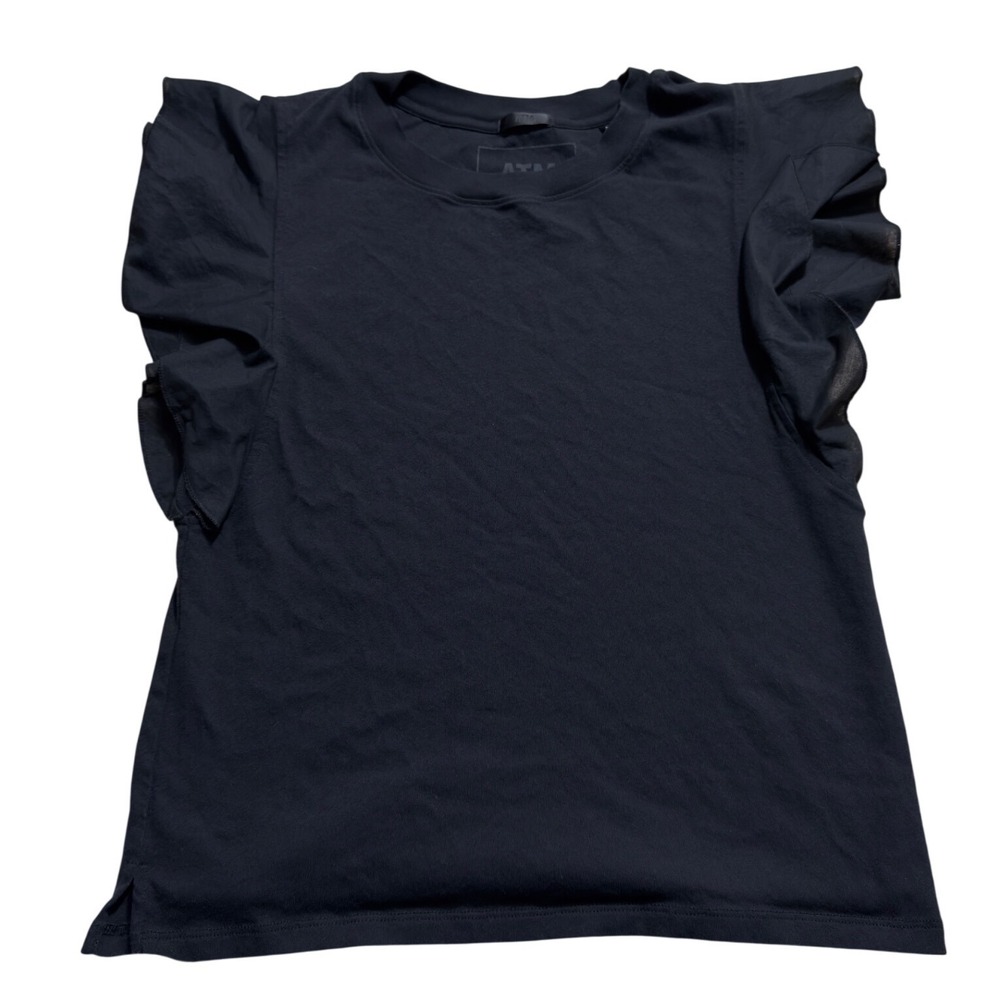 ATM Anthony Thomas Melillo Ruffle Sleeve Cotton Tee Top Black Navy AW1372-OAO